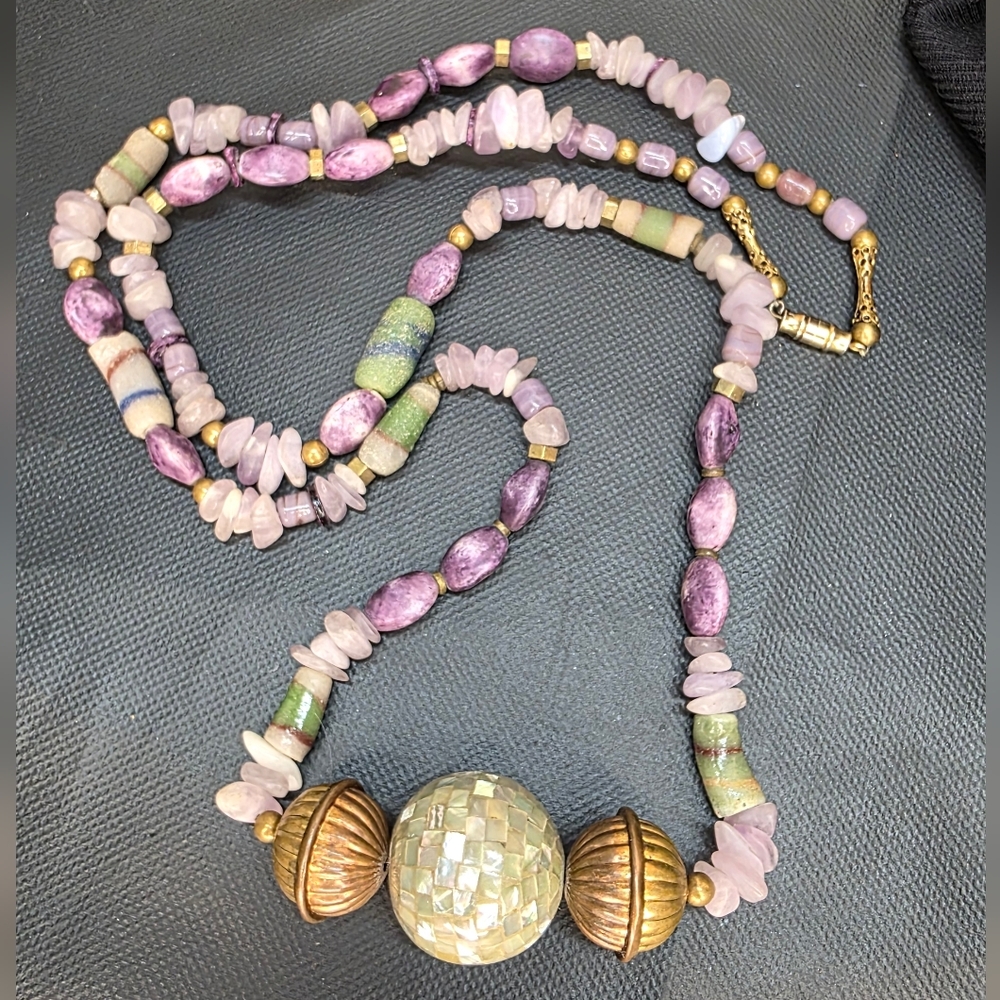 Artisan Amethyst & Ceramic 30" Necklace w/ MOP Focal